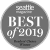 A circular emblem labeled "Seattle Magazine Best of 2019 Readers' Choice Winner" displayed in grayscale.