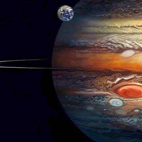 An artistic depiction of Earth and Jupiter in space with visible planetary details and moons in the background.