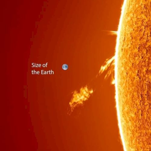 The image compares the size of Earth to the Sun, showing Earth as very small next to a portion of the Sun with solar activity.