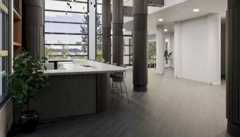 A modern, spacious interior with large windows, tall columns, a curved counter, stools, and a plant, all in a sleek, minimalist design.