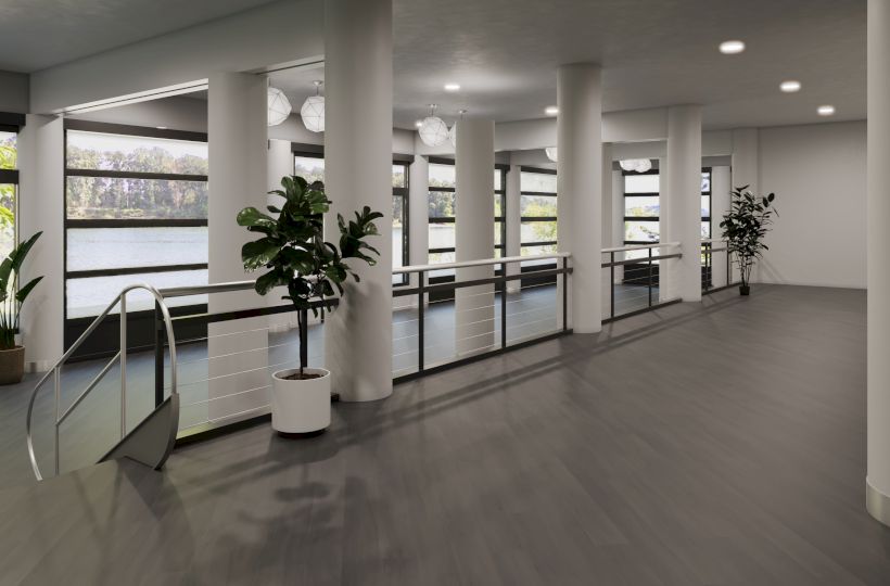 The image shows a modern interior with large windows, potted plants, and a sleek design, creating a spacious and bright atmosphere.