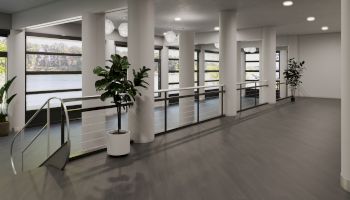 A modern interior with large windows, potted plants, white columns, and a gray floor, creating a minimalist and open space.