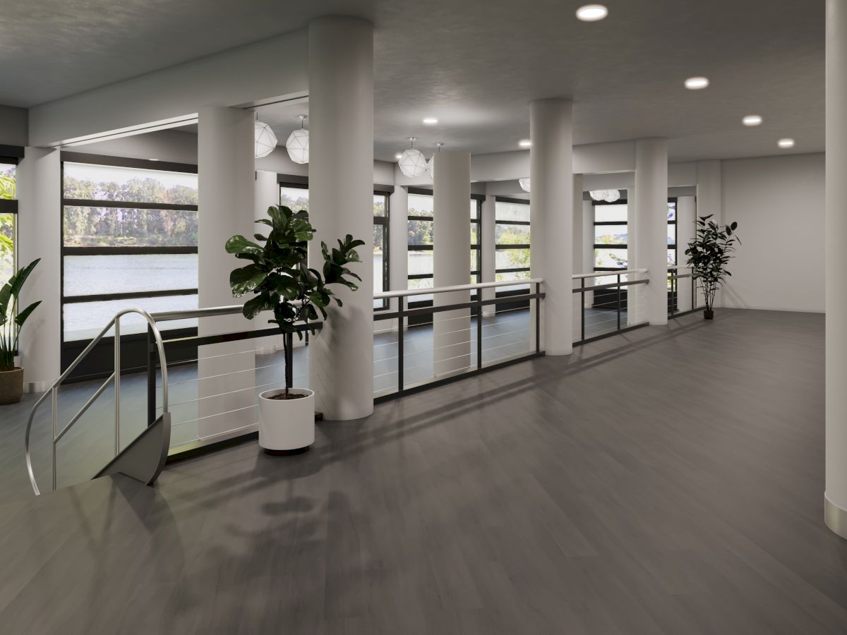 A modern indoor space with large windows, columns, potted plants, and sleek flooring.